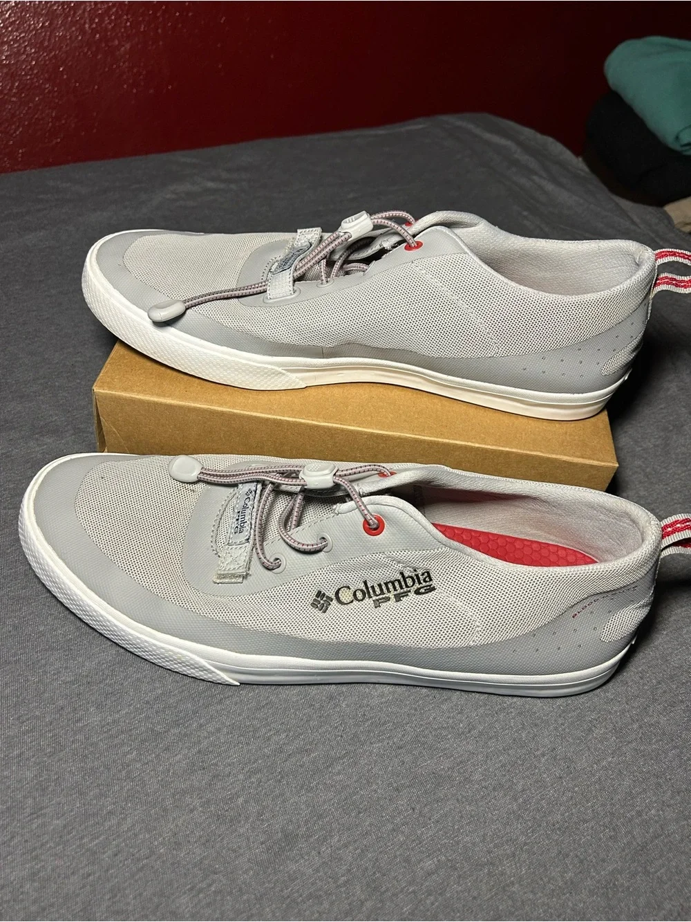 Columbia PFG Men’s Light Gray Boat and Fishing Slip-on Shoes with Red Accent